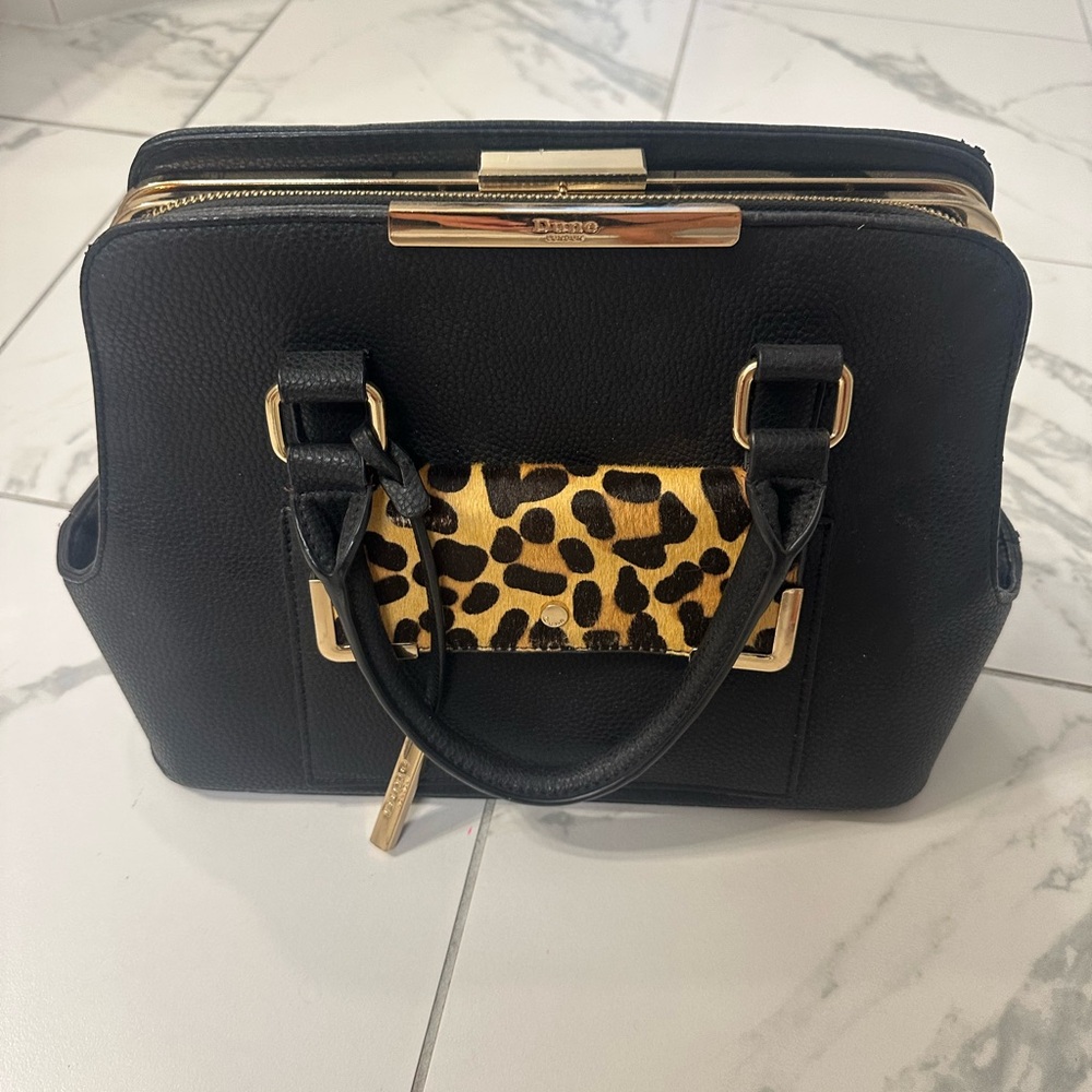 Dune London Black Satchel with Leopard Accent and Gold Hardware